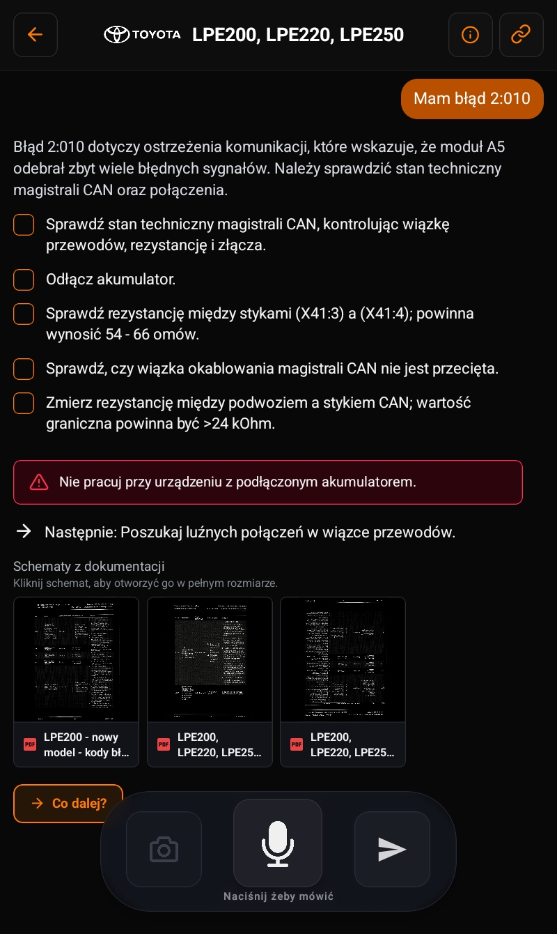 Pionowy ekran diagnostyki usterki w aplikacji Fixo